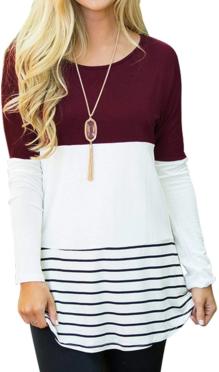 Women's Casual Color Block Lace Inset Long Sleeve T Shirt Tunic Tops