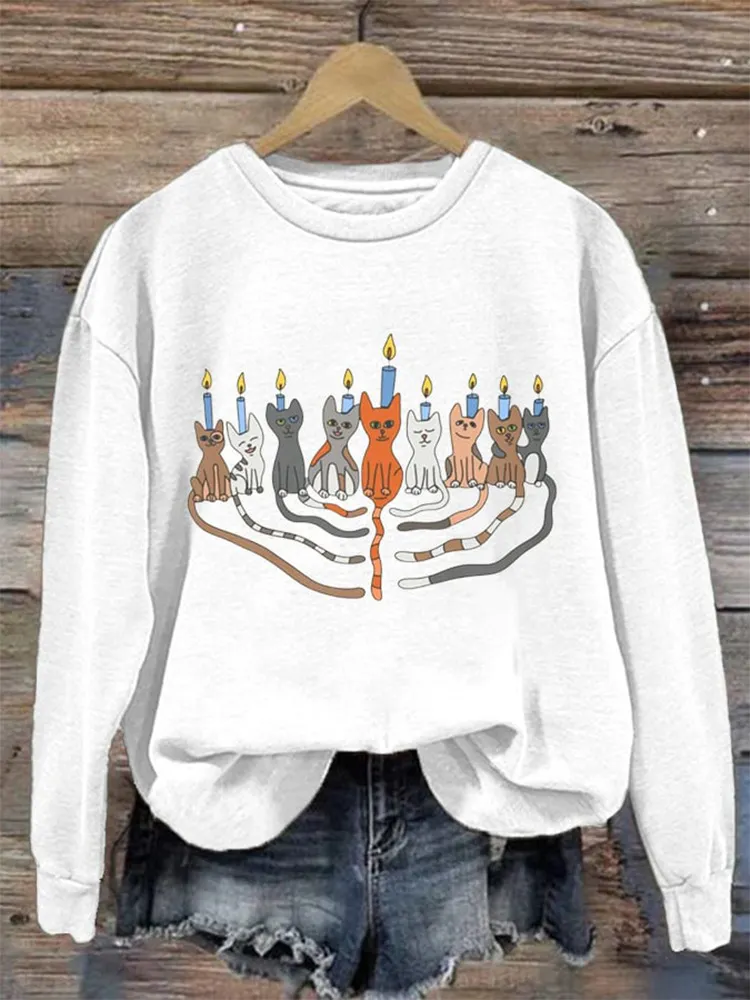 Women's Hanukkah Menorah Print Casual Sweatshirt
