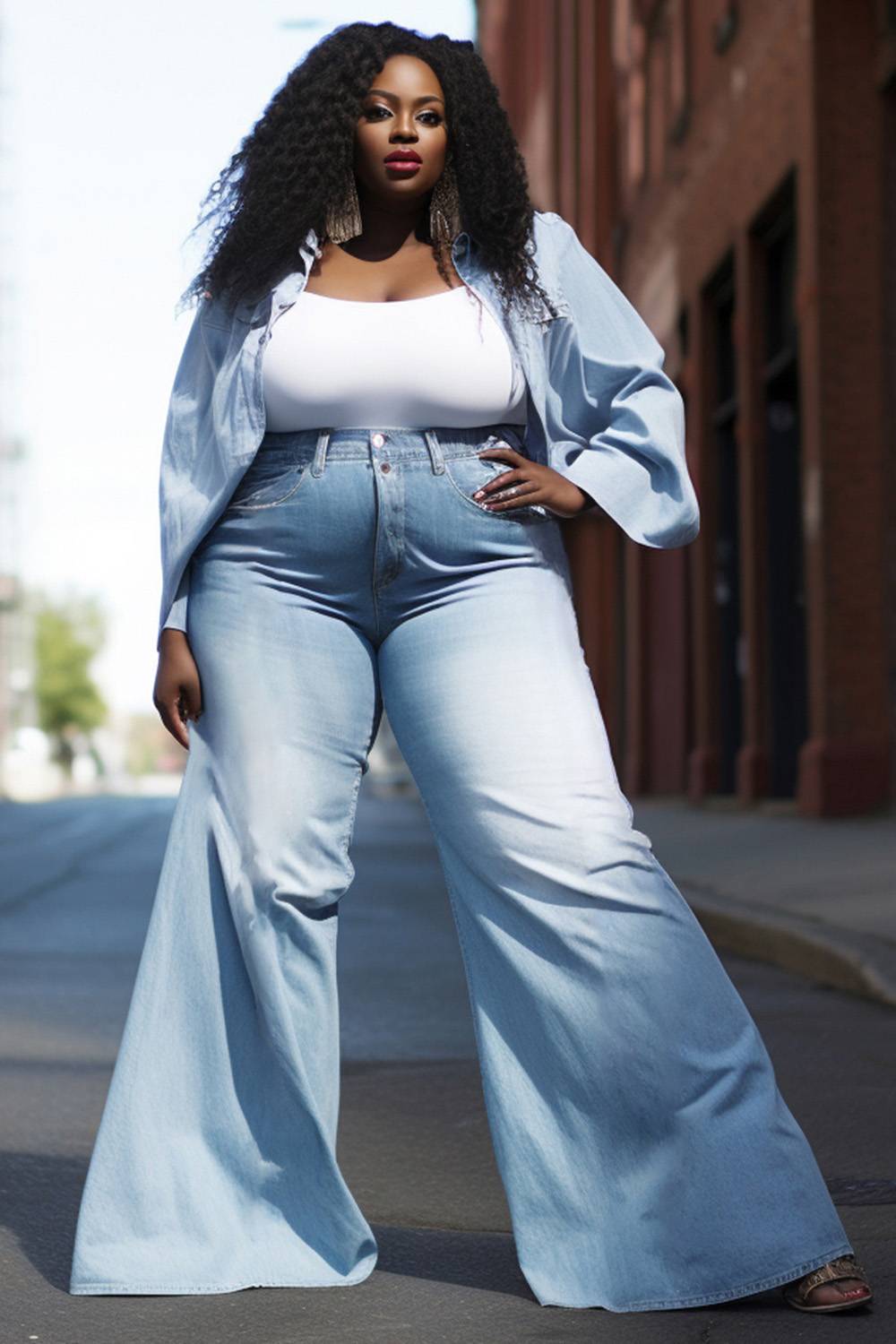 Design Plus Size Daily Light Blue Shirt Collar Long Sleeve Denim Two Piece Pant Set [Pre-Order]