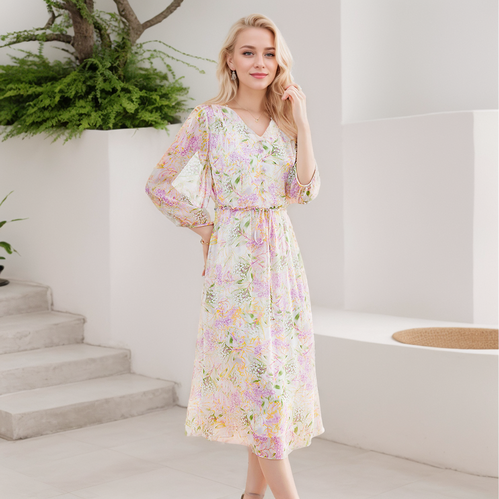 Silk Floral Print Dress High Waist Vacation Style REAL SILK LIFE