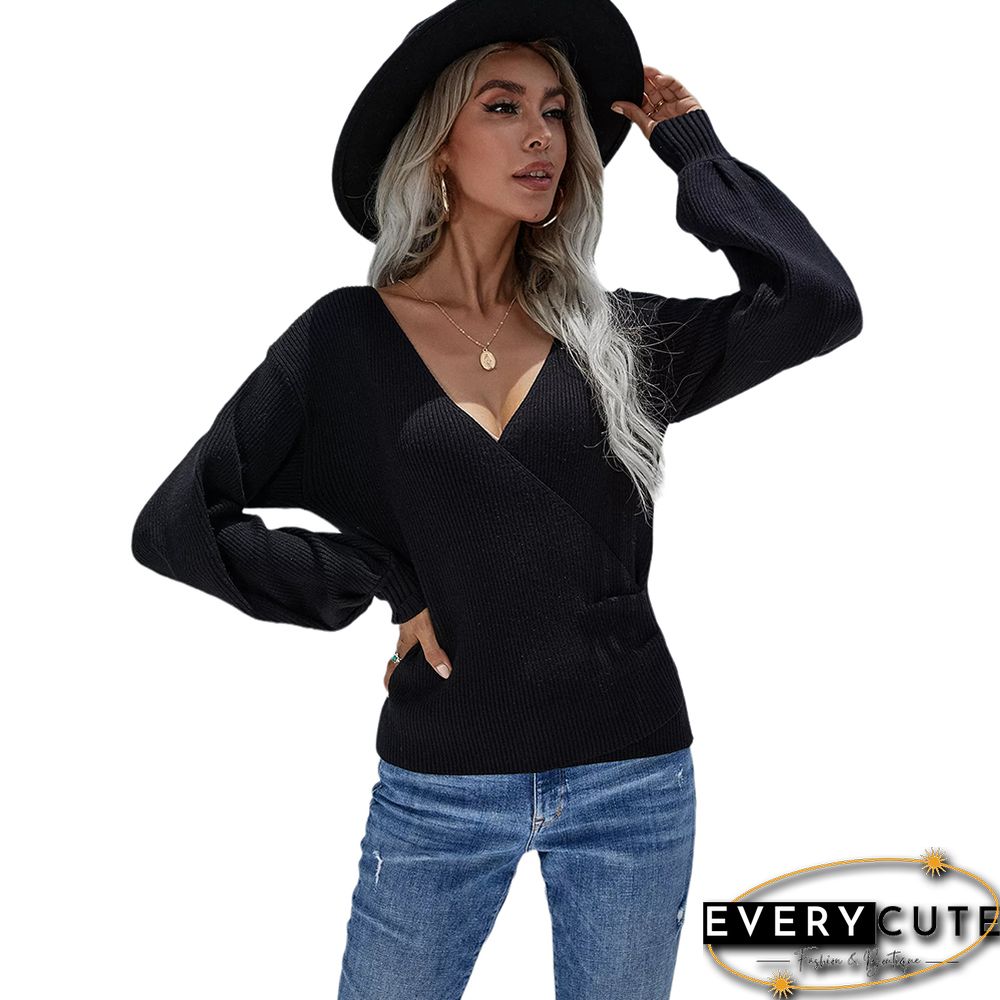 Black Cross V Neck Knitted Pullover Sweater