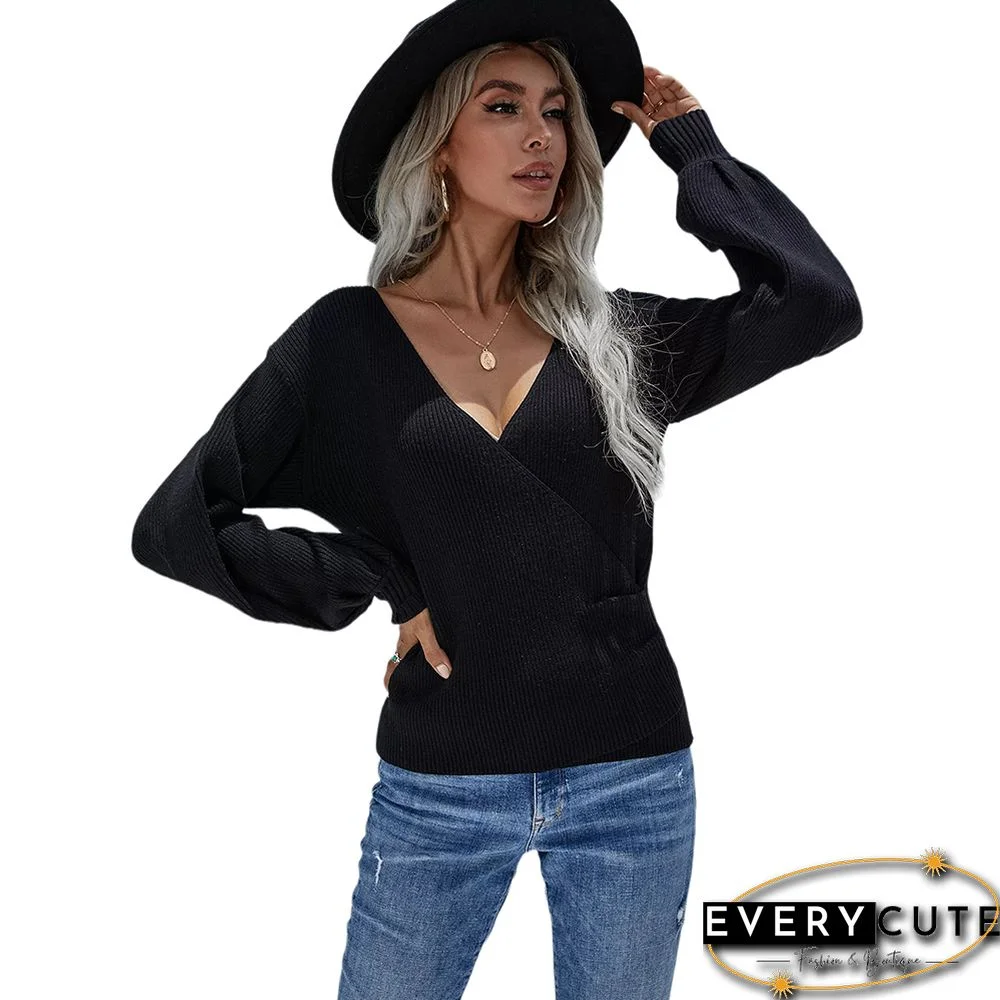 Black Cross V Neck Knitted Pullover Sweater