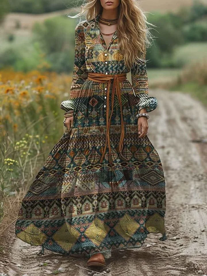 Women's Shirt Collar Ethnic Geometric Print Long Sleeve Pocket Cotton A-Line Dress