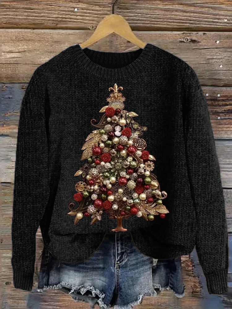 VChics Elegant Christmas Tree Jewel Art Cozy Knit Sweater