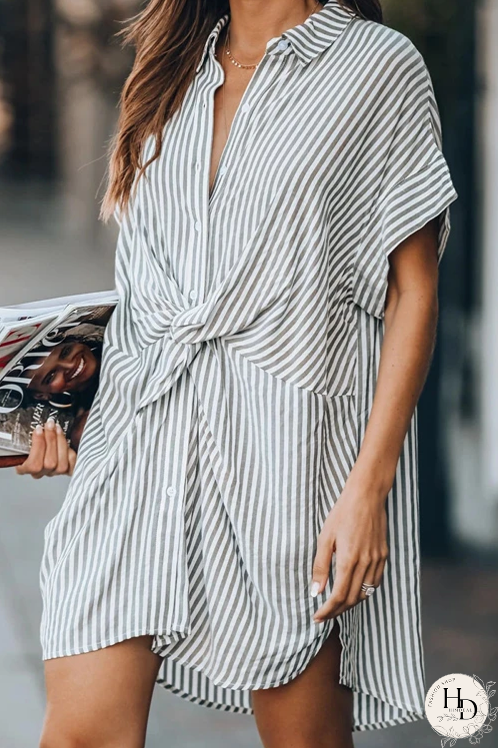 KarliDress Striped Knot Loose Shirt Dress P12817
