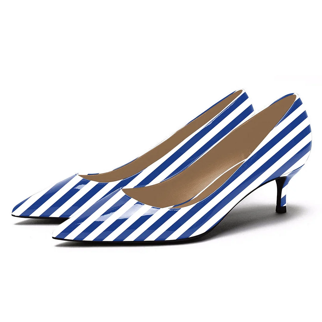 YDN White & Blue Stripes Kitten Heel Patent Leather Pumps for Women