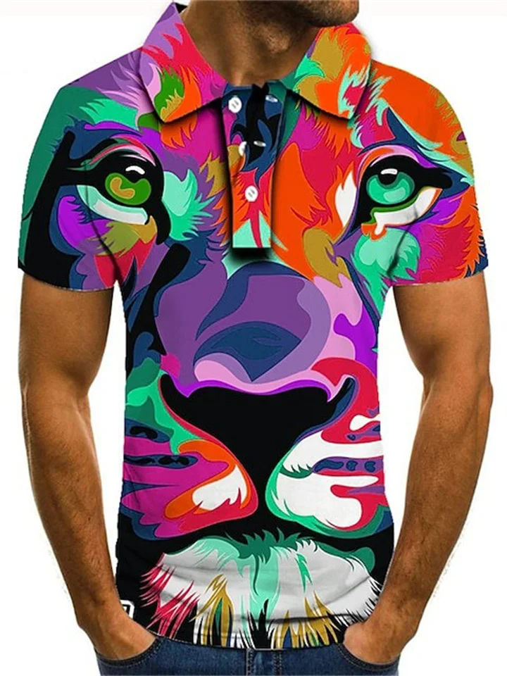 Graffiti Tiger Print Polo Shirt Lapel Button Down Men's Colorful Top-Cosfine