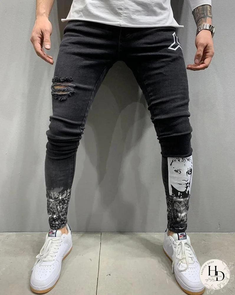 Pantalones de mezclilla negros ajustados y ajustados para hombre Vaqueros de pierna cónica desgastados