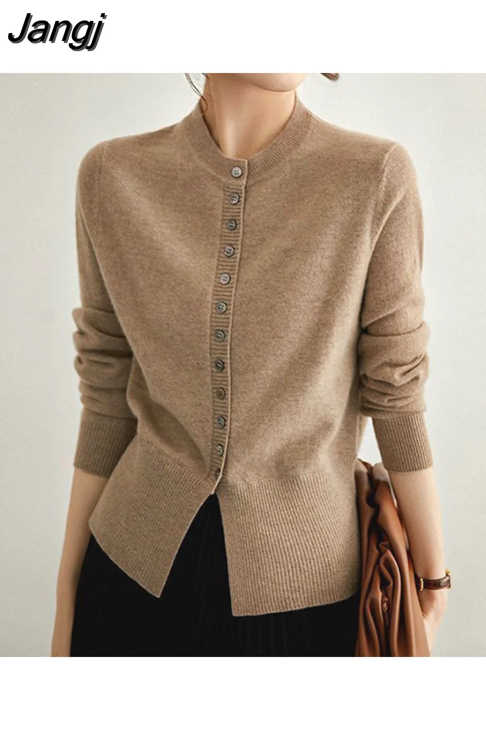 Jangj Winter Elegant Fashion Solid Simple Sweater Cardigan Top Women Long Sleeve All-match Buttons Coat Ladies Knitting Jacket 1020-0
