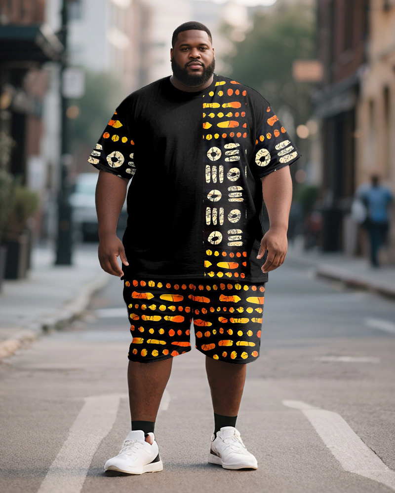 Men's Plus Size Black Orange Geometric Print Short Sleeve T-Shirt Shorts Suit