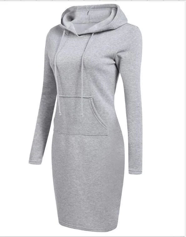 Women Pocket Knee Length Slim Casual Pullover Hoodie Dress