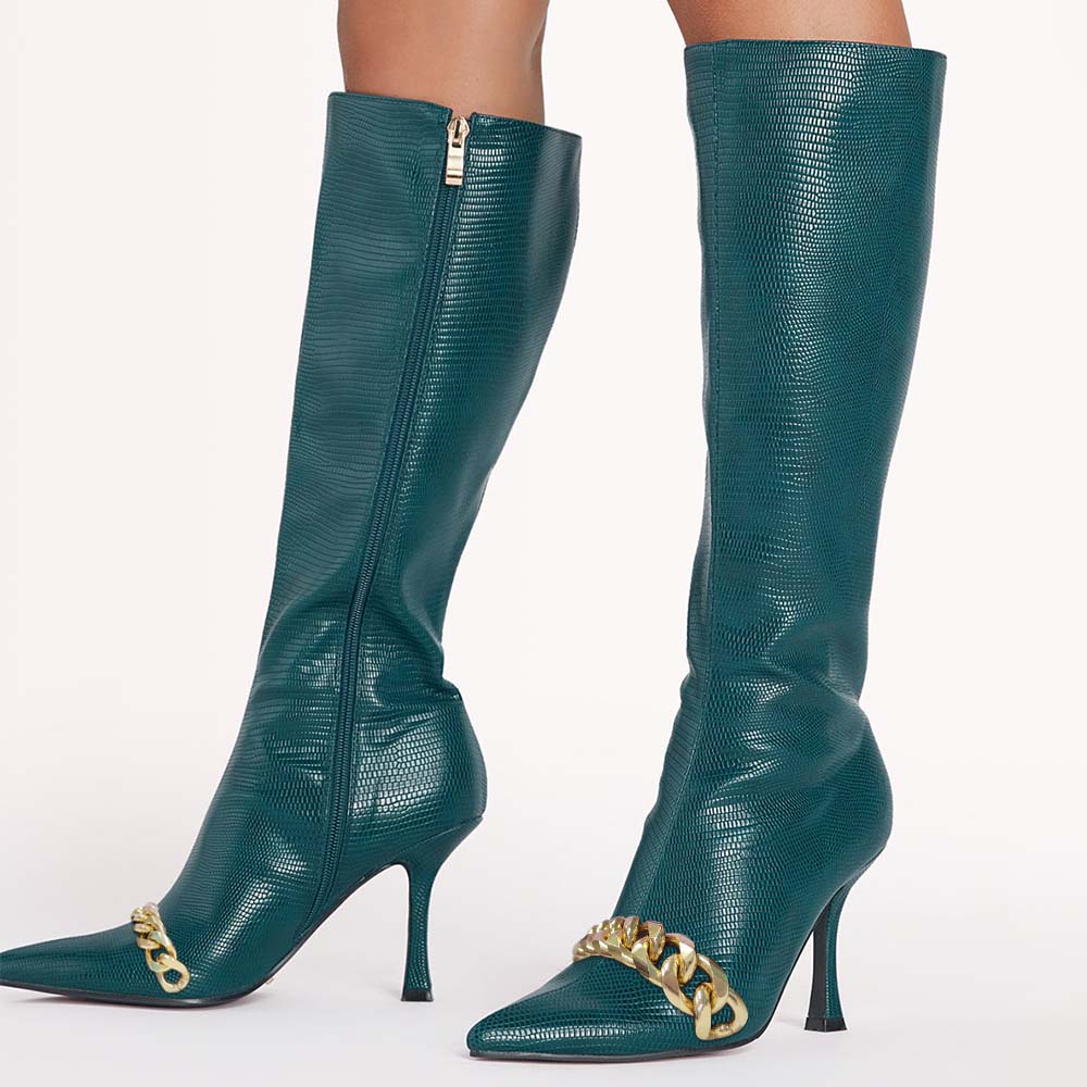 Dark Teal Lizard Embossed Pointed Toe Heeled Boots with Metal Chain Nicepairs