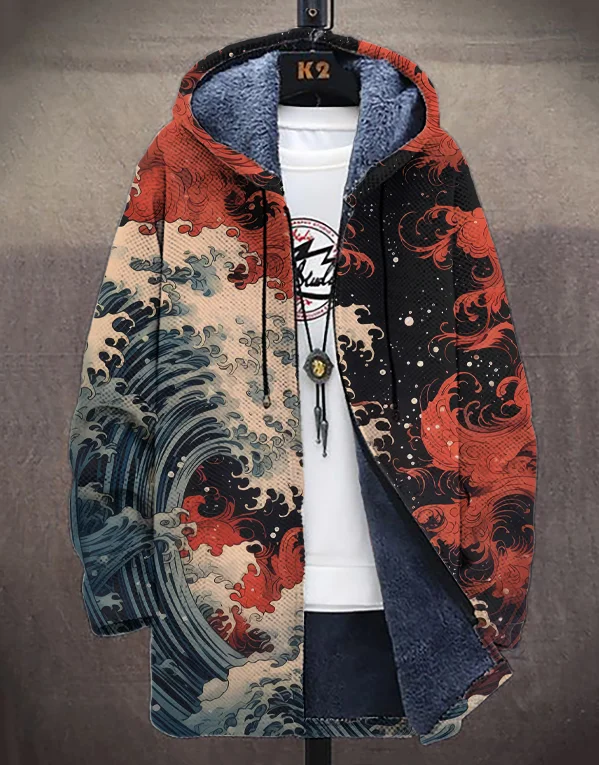 Men's Japanese Art Sea Waves Print Hooded Trench Coat