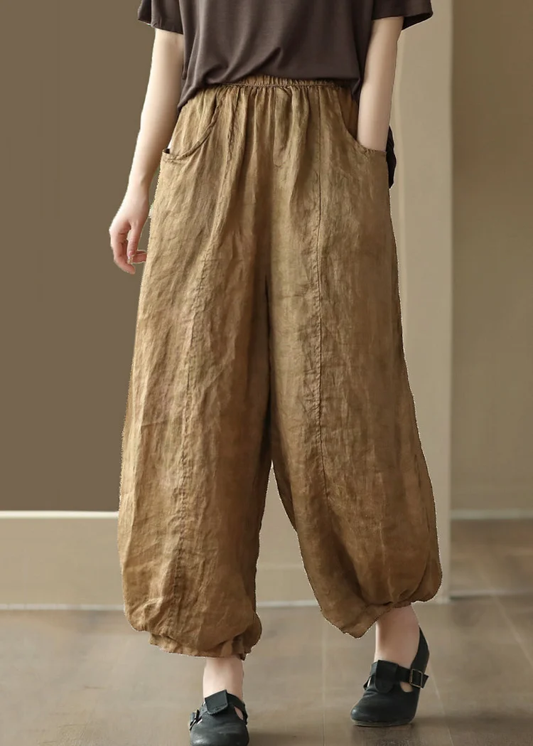 Bohemian Khaki Pockets Elastic Waist Linen Crop Pants Summer