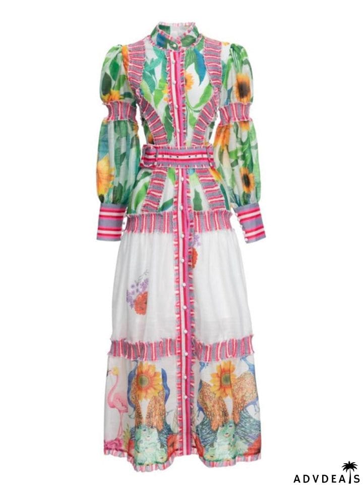 Retro Chic Niche Colorful Plant Print Female Dresses