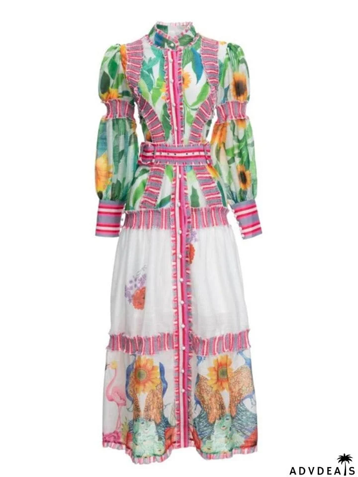 Retro Chic Niche Colorful Plant Print Female Dresses