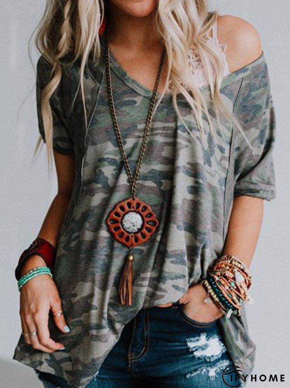 Camouflage Simple Round Neck Short Sleeve Tops | IFYHOME