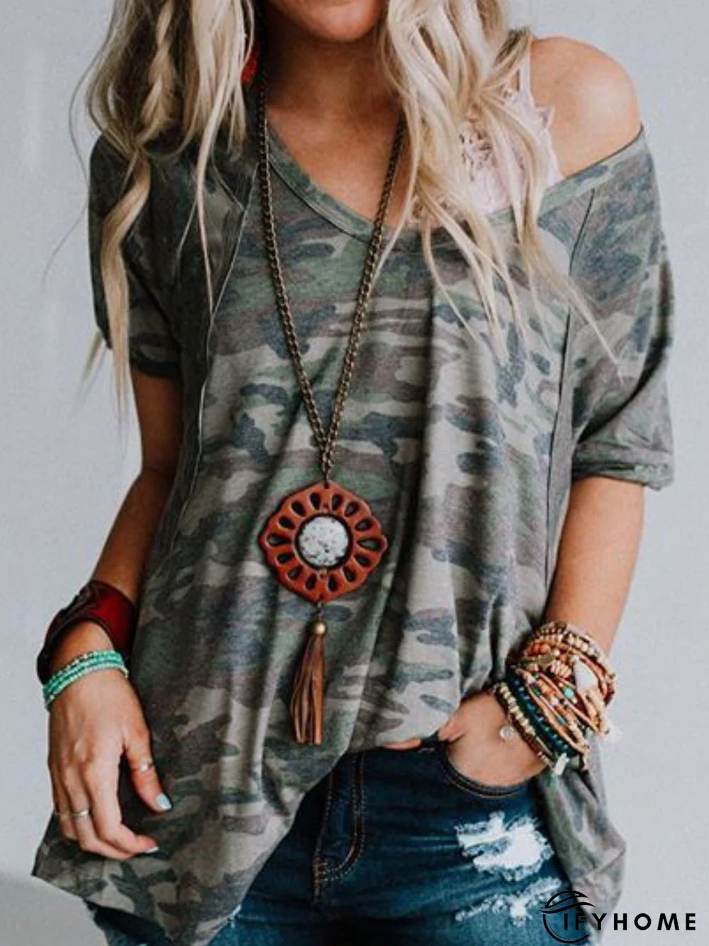 Camouflage Simple Round Neck Short Sleeve Tops | IFYHOME