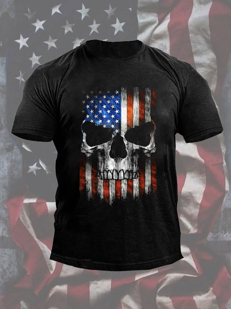 American Flag Skull Print Round Neck Men's Short Sleeve T-Shirt in  mildstyles