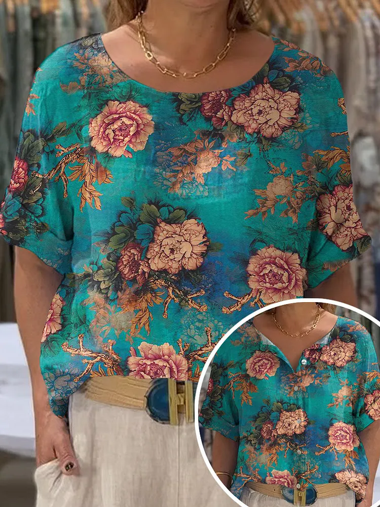 Women's Vintage Lovely Floral Art Print Front And Back Wear Short Sleeve Cotton Shirt