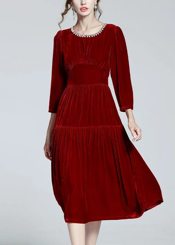 Unique Red O Neck Zircon Patchwork Silk Velour Dresses Spring