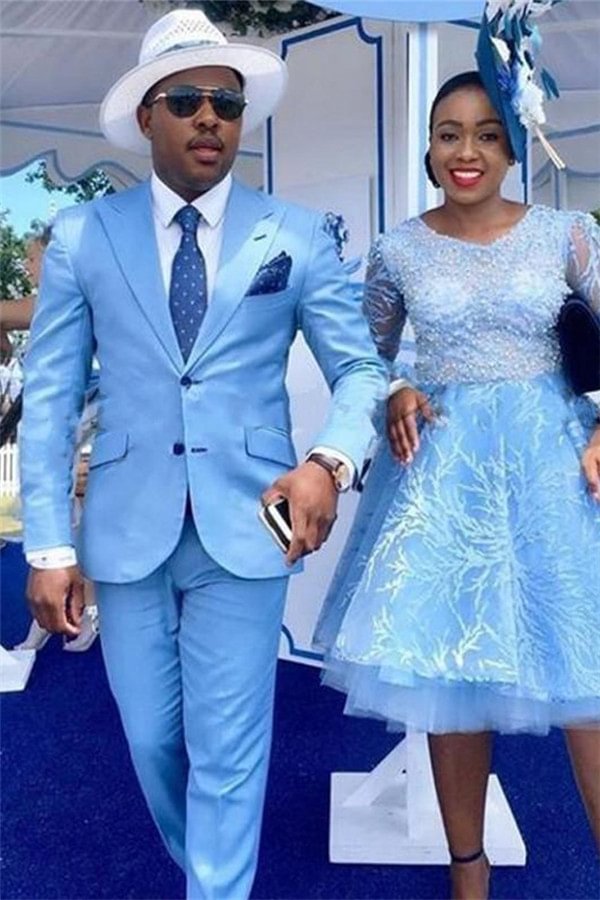 Handsome Slim Fit Blue With Peaked Lapel Two-Pieces Prom Attire For Guys 2022 | Ballbellas Ballbellas