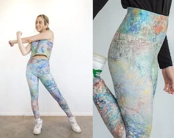 Pornhint High Waisted Aquamarine Mermaid Print Super Soft Performance Knit Stretchy Comfortable Yoga Leggings | Original Art | Jill Krutick Fine Art