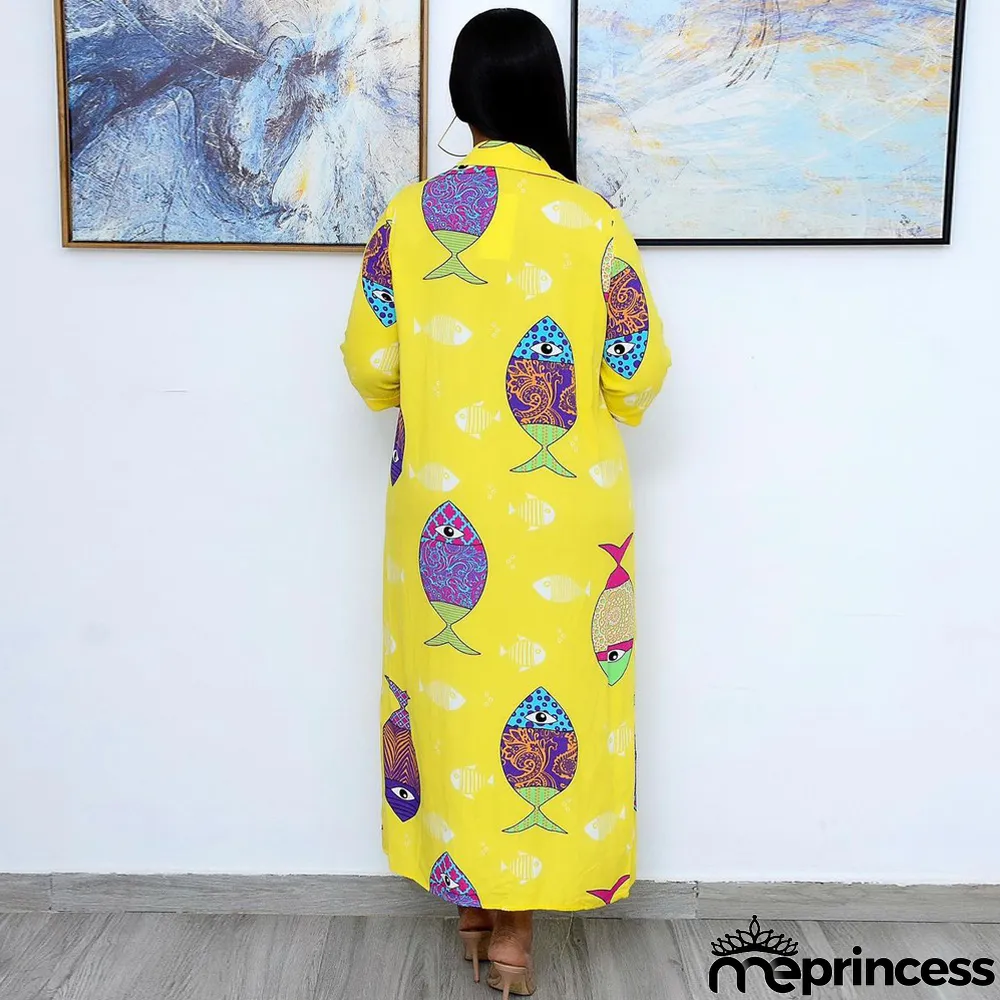 Casual Loose Printed 3/4 Sleeve Buttons Long Dress