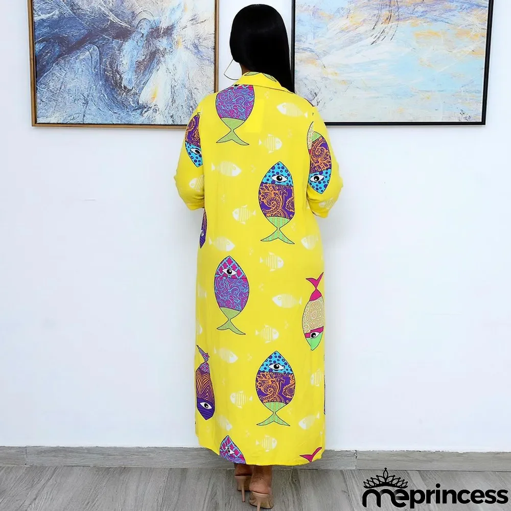 Casual Loose Printed 3/4 Sleeve Buttons Long Dress