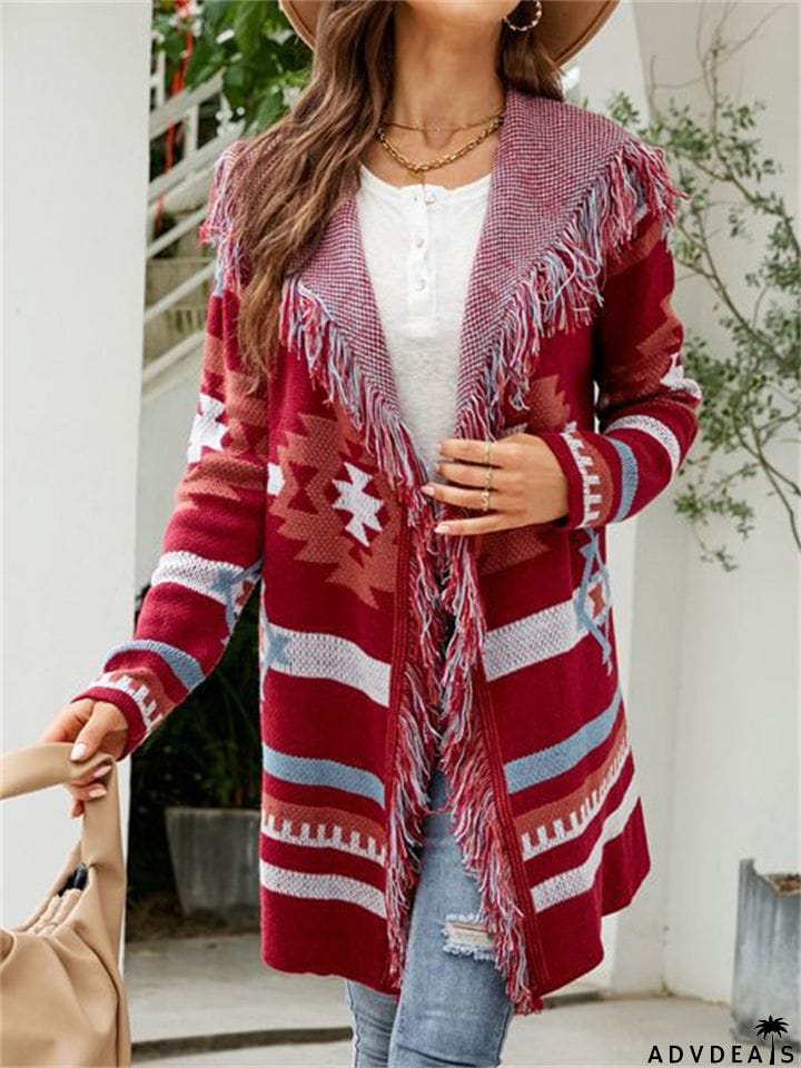 National Style Elegant Tassels Hooded Cardigan Sweater for Women