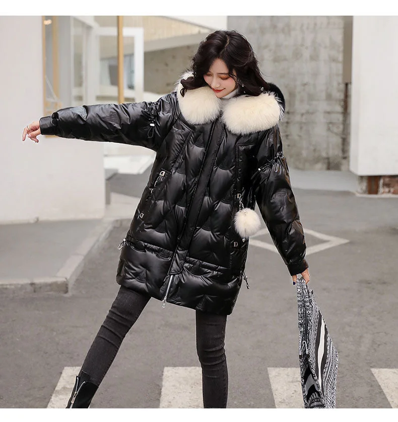 Large Natural Fox Fur Hooded Shiny Jacket 2021 New 90% Duck Down Coat women Long Golden Female Winter Down Parkas Waterproof