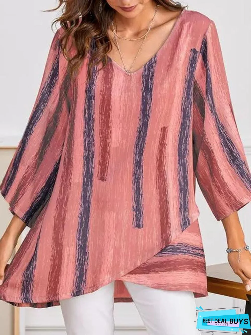 V-Neck Stripe Print Irregular Hem Long-Sleeved Blouse