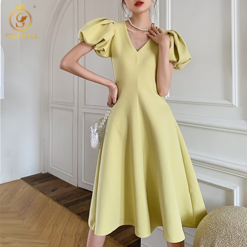 SMTHMA 2022 New Fashion Elegant Solid Summer Dress For Women V Neck Puff Short Sleeve High Waist Midi Dresses Female Clothes