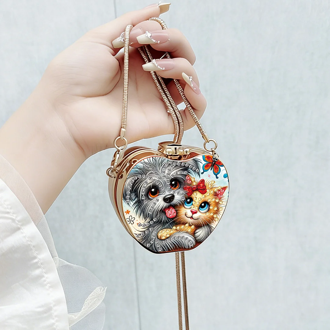 Cats and Dogs DIY Acrylic Love Diamond Art Painting Card Case Wallet with Chain Small Diamond Painting Crossbody Bag for Adults Women Girls Gift
