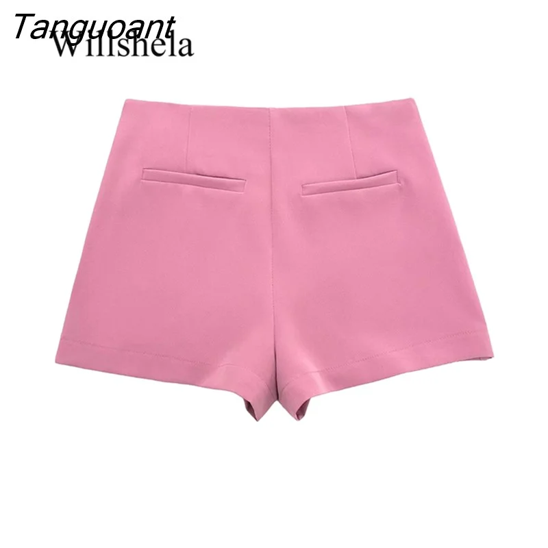 Tanguoant Women Fashion Solid Side Zipper Skirts Shorts Vintage High Waist Female Chic Lady Shorts