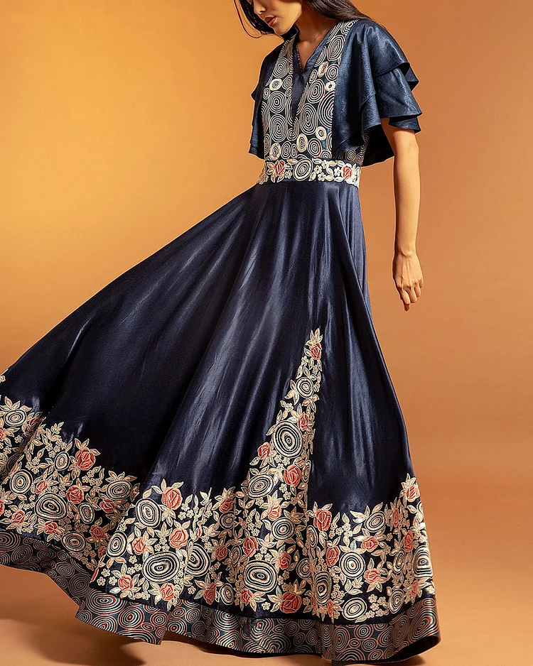 Blue Pure Satin Crepe Floral Embroidered Ruffle Sleeve Gown