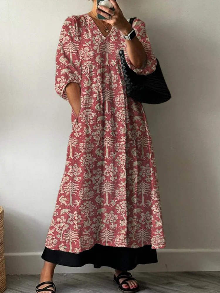 Women's Vintage Lovely Floral Art Print Pocket V-neck Cotton Dress