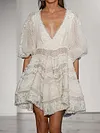 Pompom Triming Empire Half Sleeves Mini Dresses