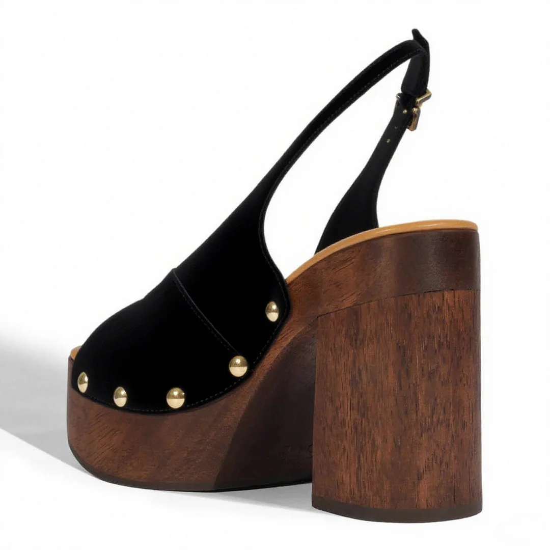 Black Peep Toe Block Heel Studded Platform Sandals for Women