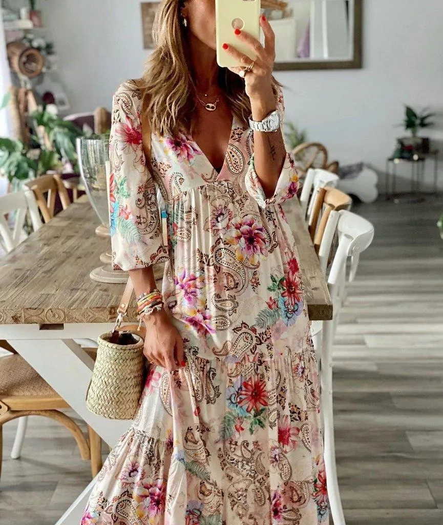 Romantic Print V-Neck Maxi Dress-vocosishoes
