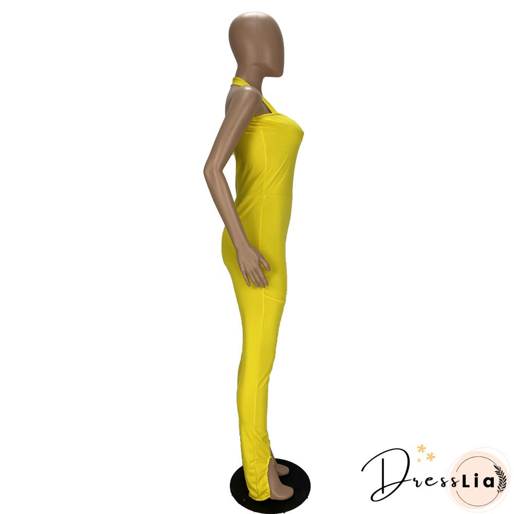 Women Solid Color Sportswear Sleeveless Halter Bodycon Jumpsuits
