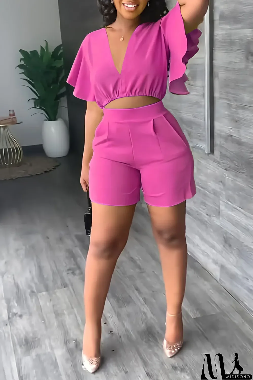 MidiSono - Yellow Casual Solid Patchwork Flounce V Neck Short Sleeve Two Pieces