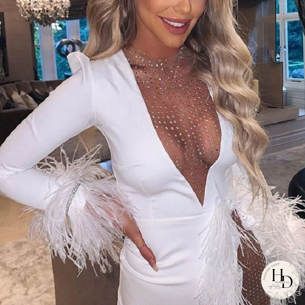 New Women Mesh Night Dress Inserted Embellished Party Dresses White Feather Mini Dress