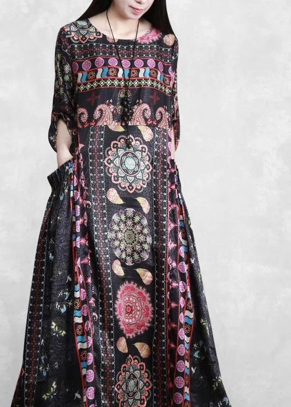 Bohemian Black Print Dress O Neck Pockets Plus Size Dress