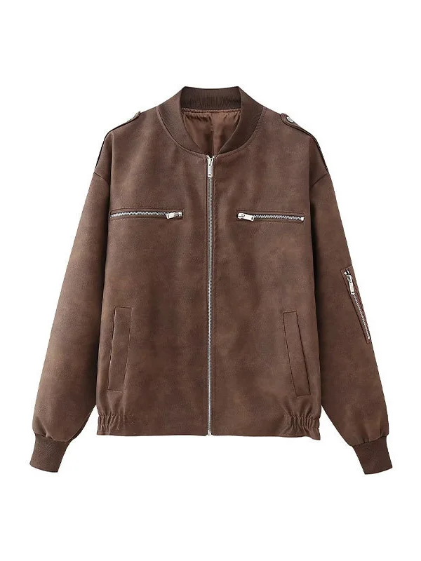 Toloer Zip Imitation Old Pilot Jacket Jacket 2024 Fashion Female Long Sleeve Personality Street Jacket-Outfit Ideas