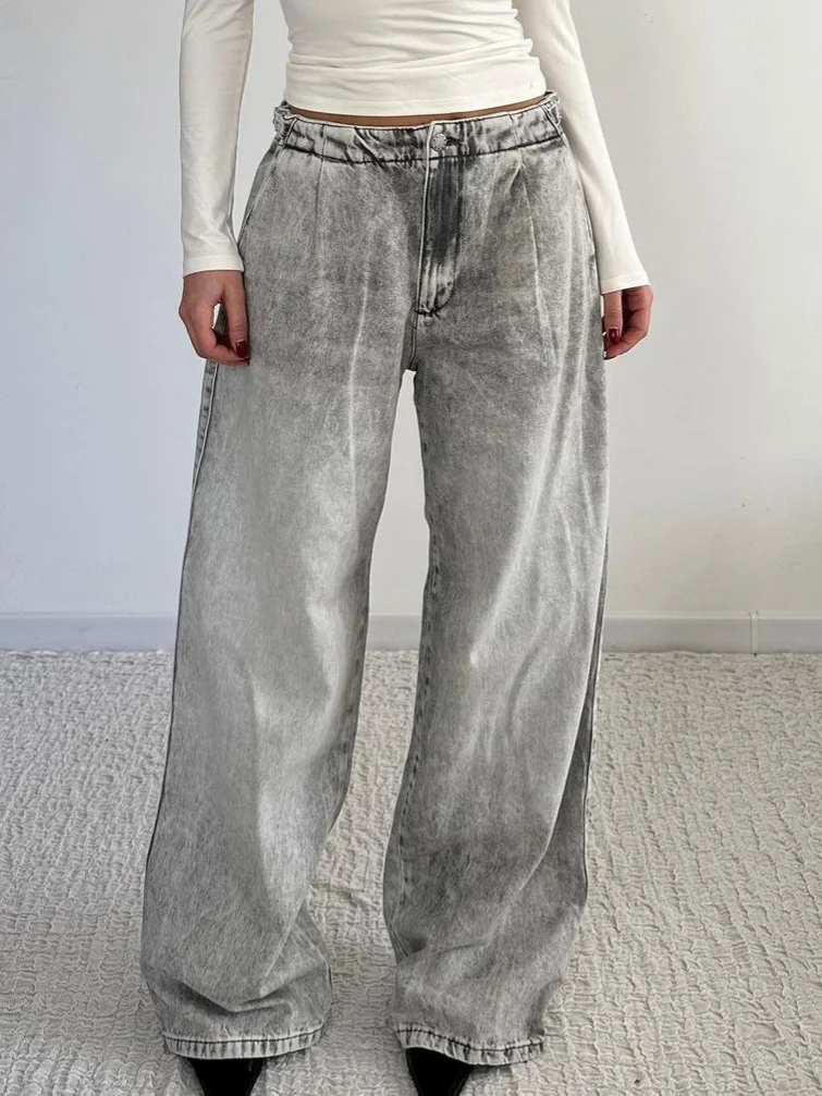 Athvotar Athvotar Low-Rise Old Denim Trousers Street Retro Washing Wide Legs Jeans Female Sense