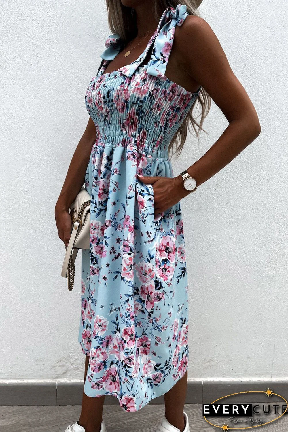 Sky Blue Tie Straps Smocked Floral Dress