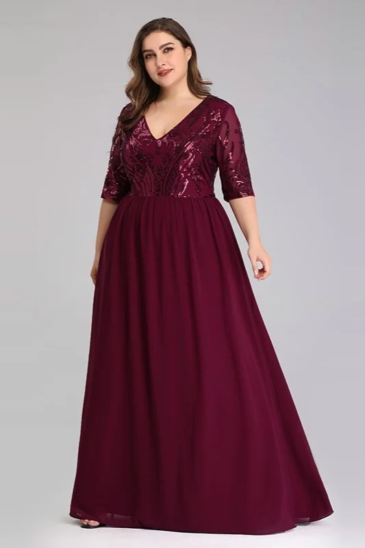 Burgundy V-Neck Sequins Plus Size Prom Dress Long With Short Sleeves Online