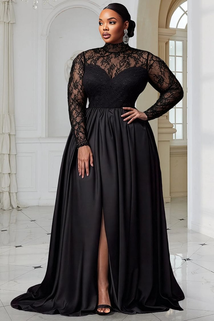 Xpluswear Design Plus Size Formal Black Mock Neck Long Sleeve Split Elegant Sequin Satin Maxi Dresses [Pre-Order]