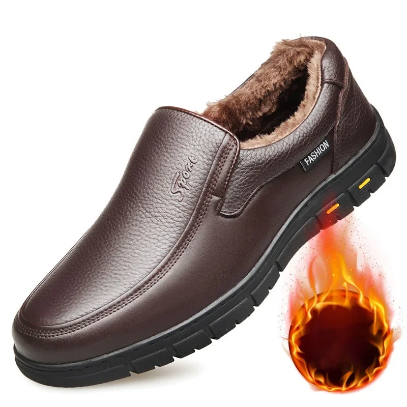 Breakj Winter Leather Casual Shoes for Men Loafers Luxury Brand Comfortable Warm Plush Moccasins Men's Dress Shoes Plus Size 38-46